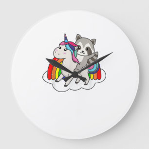Raccoon On Unicorn Rainbow Animals Sweet Unicorns Large Clock