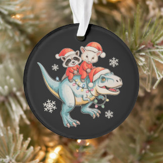 Raccoon Opossum Riding T Rex Santa Hat Christmas Ornament