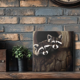 Raccoon Pair Tree Hollow Woodland Wildlife Brown Ceramic Tile