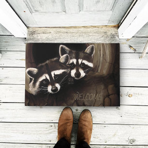 Raccoon Pair Tree Hollow Woodland Wildlife Brown Doormat
