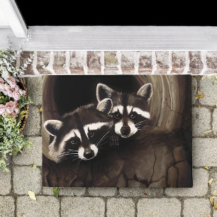 Raccoon Pair Tree Hollow Woodland Wildlife Brown Doormat