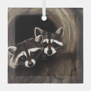 Raccoon Pair Tree Hollow Woodland Wildlife Brown Glass Ornament