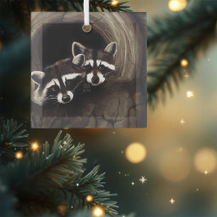 Raccoon Pair Tree Hollow Woodland Wildlife Brown Glass Ornament