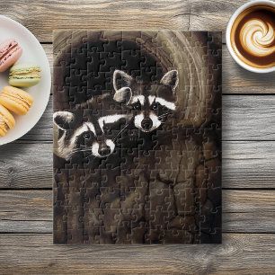 Raccoon Pair Tree Hollow Woodland Wildlife Brown Jigsaw Puzzle