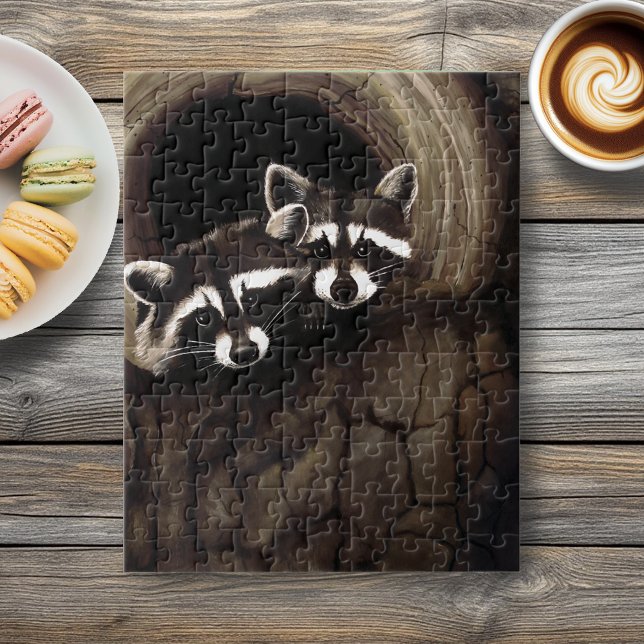 Raccoon Pair Tree Hollow Woodland Wildlife Brown Jigsaw Puzzle (Creator Uploaded)