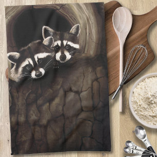 Raccoon Pair Tree Hollow Woodland Wildlife Brown Kitchen Towel