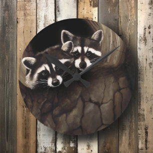 Raccoon Pair Tree Hollow Woodland Wildlife Brown Round Clock