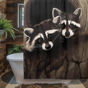 Raccoon Pair Tree Hollow Woodland Wildlife Brown Shower Curtain