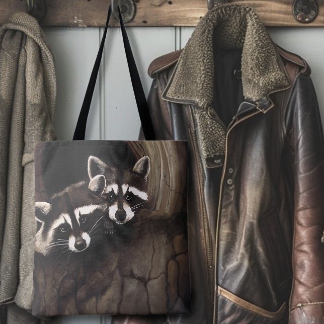 Raccoon Pair Tree Hollow Woodland Wildlife Brown Tote Bag (Creator Uploaded)