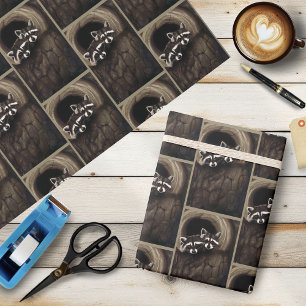 Raccoon Pair Tree Hollow Woodland Wildlife Brown Wrapping Paper