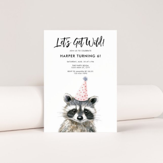 Raccoon Party Hat Kids Woodland Birthday Invitation (Let's Get Wild Raccoon Birthday Invite)