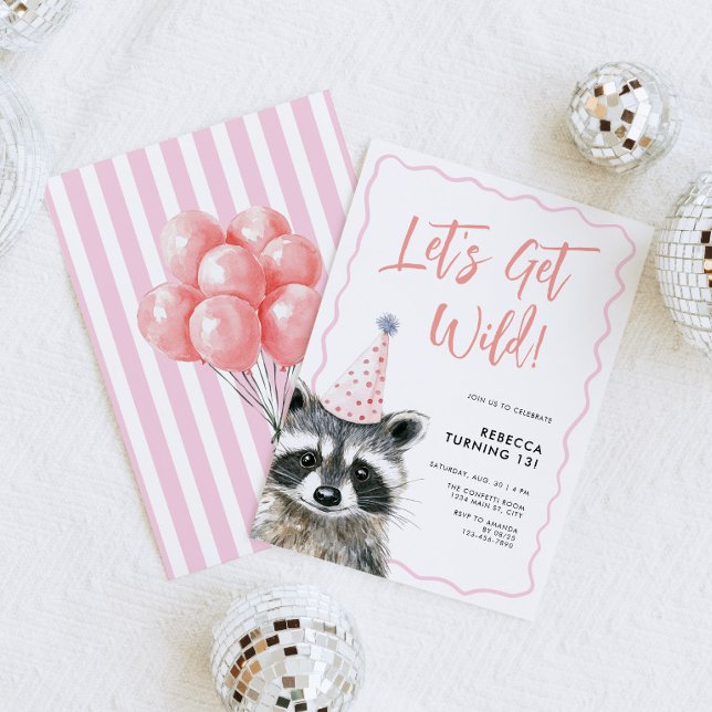 Raccoon Party Hat Let's Get Wild Birthday Invitation (Let's Get Wild Raccoon Birthday Invite)
