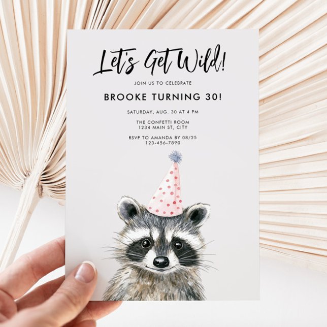 Raccoon Party Hat Woodland Birthday Invitation (Raccoon Party Animal Birthday Invite)
