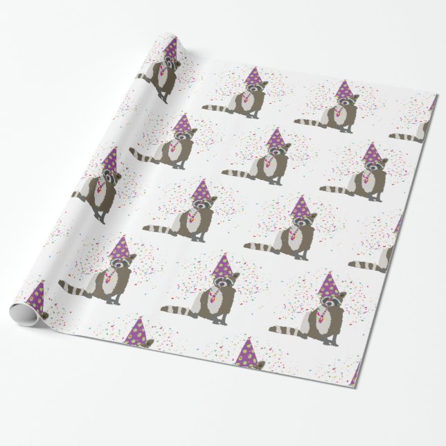 Raccoon Partying - Animals Having a Party Wrapping Paper (Unrolled)
