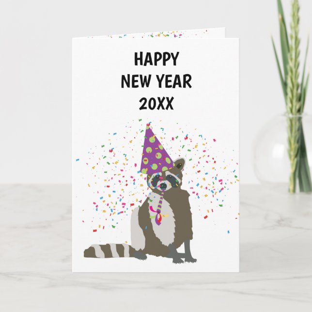 Raccoon Partying - Animals Holiday New Years Card (Front)