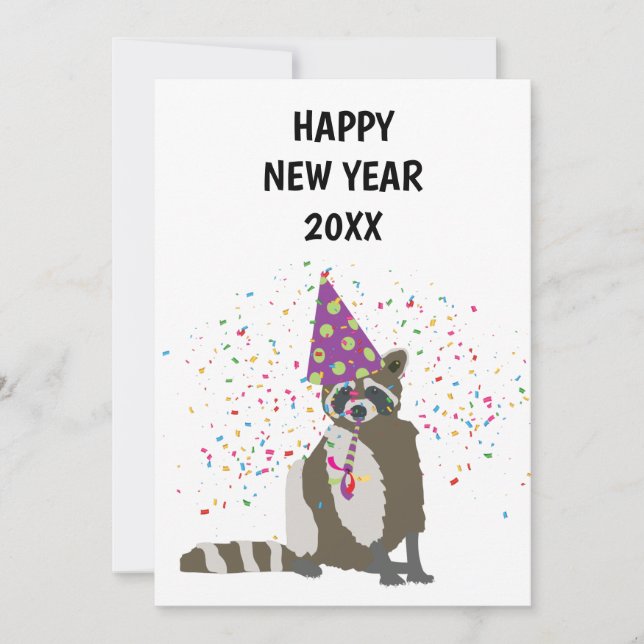 Raccoon Partying - Animals Holiday New Years Card (Front)