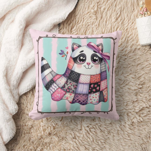 Raccoon Patchwork Quilt – Cute Rustic Fall Accent  Throw Pillow (Blanket)
