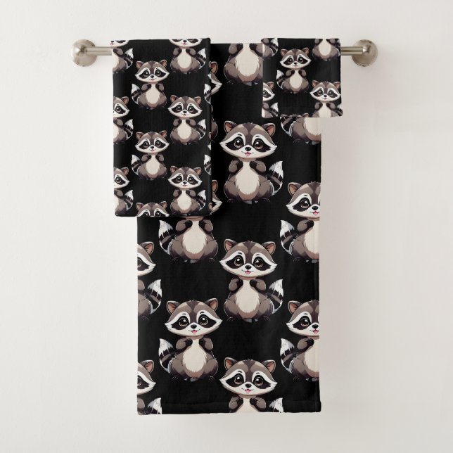 Raccoon Pattern Design Black  Bath Towel Set (Insitu)