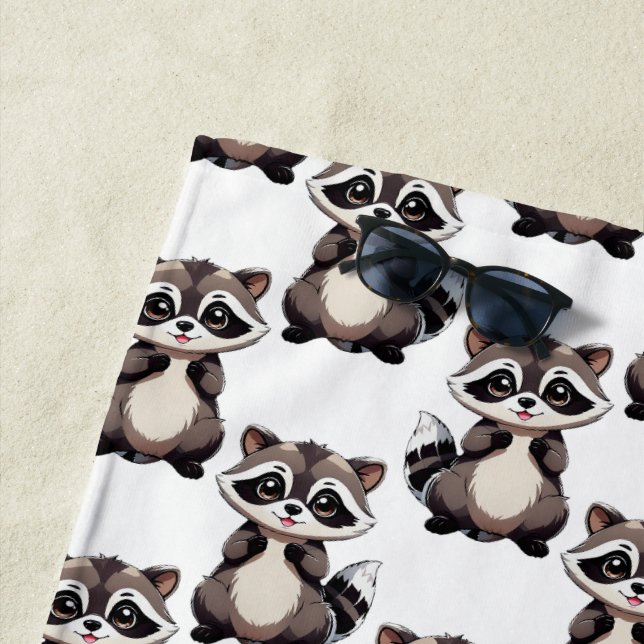 Raccoon Pattern Design Black  Beach Towel (In Situ)