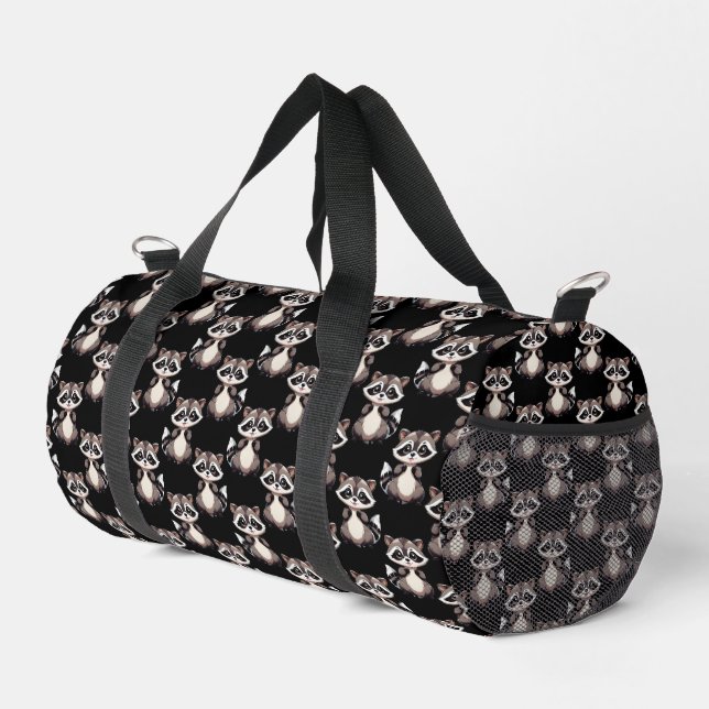 Raccoon Pattern Design Black  Duffle Bag (Right Corner)