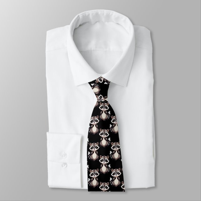 Raccoon Pattern Design Black  Neck Tie (Tied)
