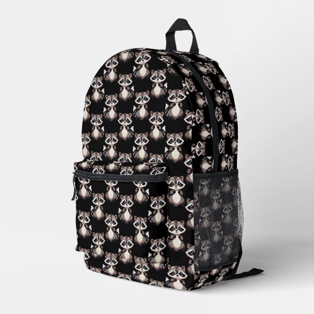 Raccoon Pattern Design Black  Printed Backpack (Back Corner Right)