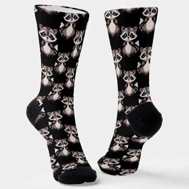 Raccoon Pattern Design Black  Socks (Angled)