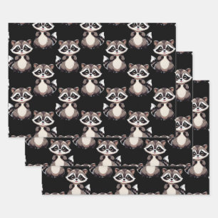 Raccoon Pattern Design Black Wrapping Paper Sheets
