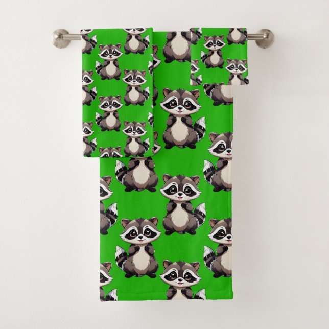 Raccoon Pattern Design Green  Bath Towel Set (Insitu)