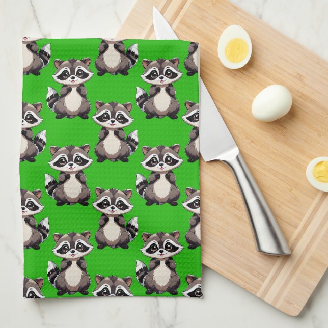 Raccoon Pattern Design Green  Kitchen Towel (Quarter Fold)