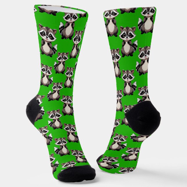 Raccoon Pattern Design Green  Socks (Angled)