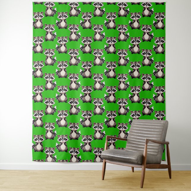 Raccoon Pattern Design Green  Tapestry (In Situ)