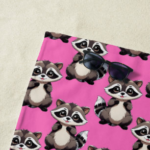 Raccoon Pattern Design Pink  Beach Towel