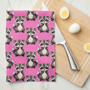 Raccoon Pattern Design Pink  Kitchen Towel