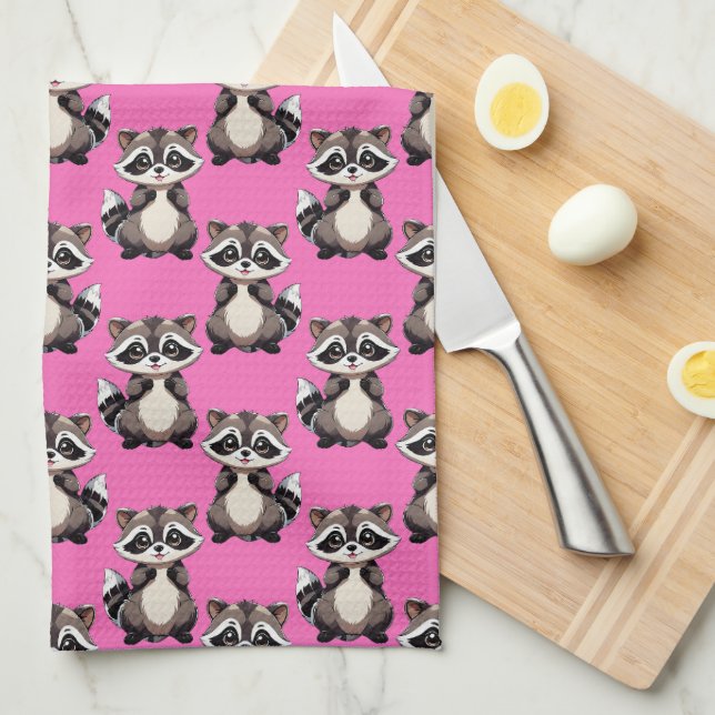 Raccoon Pattern Design Pink  Kitchen Towel (Quarter Fold)