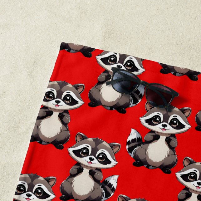 Raccoon Pattern Design Red  Beach Towel (In Situ)