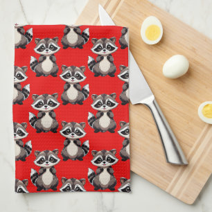 Raccoon Pattern Design Red  Kitchen Towel