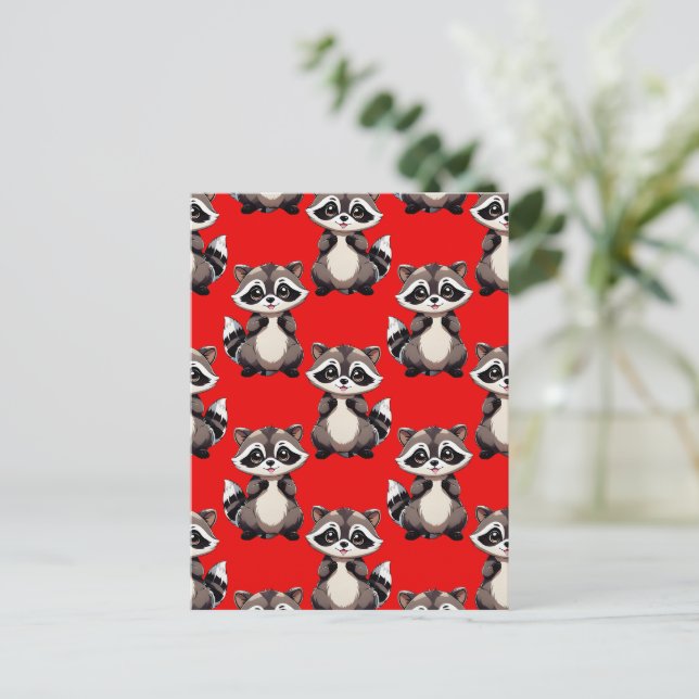 Raccoon Pattern Design Red  Postcard (Standing Front)