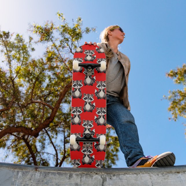 Raccoon Pattern Design Red  Skateboard (Outdoor 1)