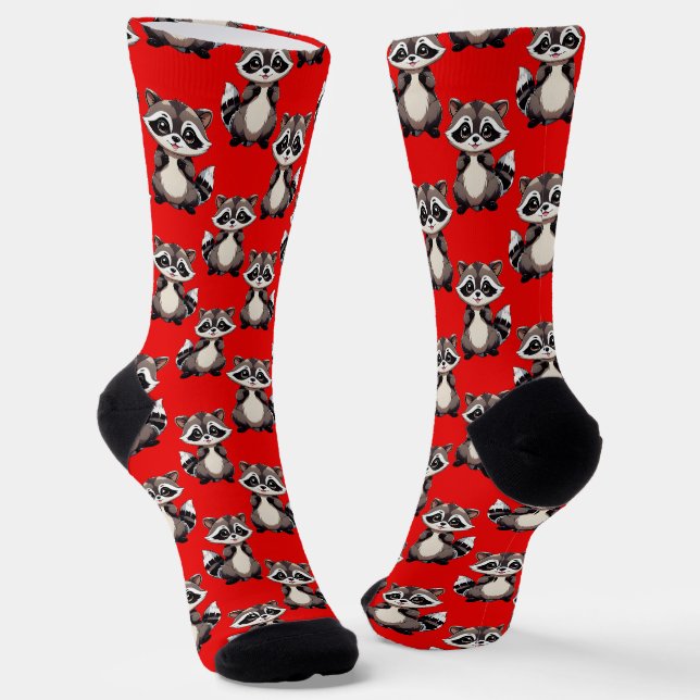 Raccoon Pattern Design Red  Socks (Angled)