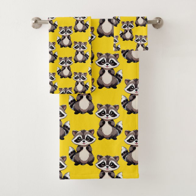 Raccoon Pattern Design Yellow  Bath Towel Set (Insitu)