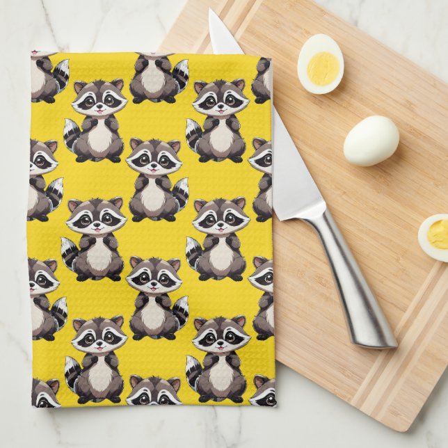 Raccoon Pattern Design Yellow  Kitchen Towel (Quarter Fold)
