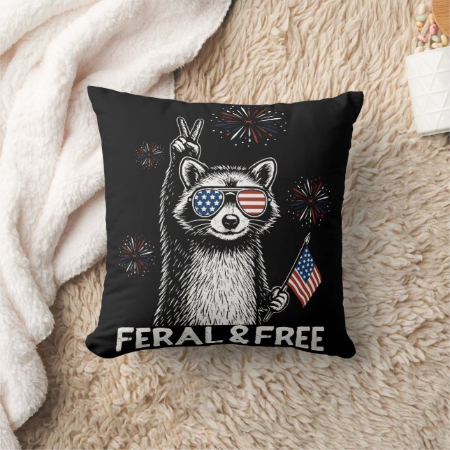 Raccoon Peace Out America 4th of July Throw Pillow (Blanket)