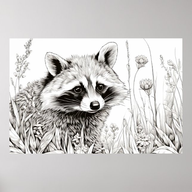 Raccoon Peaceful Nature Prairie Sketch Drawing Art Poster (Front)