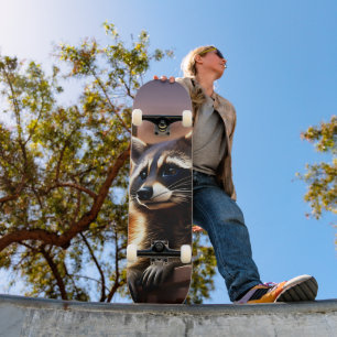 Raccoon Peeking Out at Sunset Skateboard