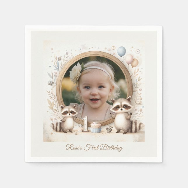 Raccoon Photo Frame for Kids' Birthday Parties Napkins (Front)