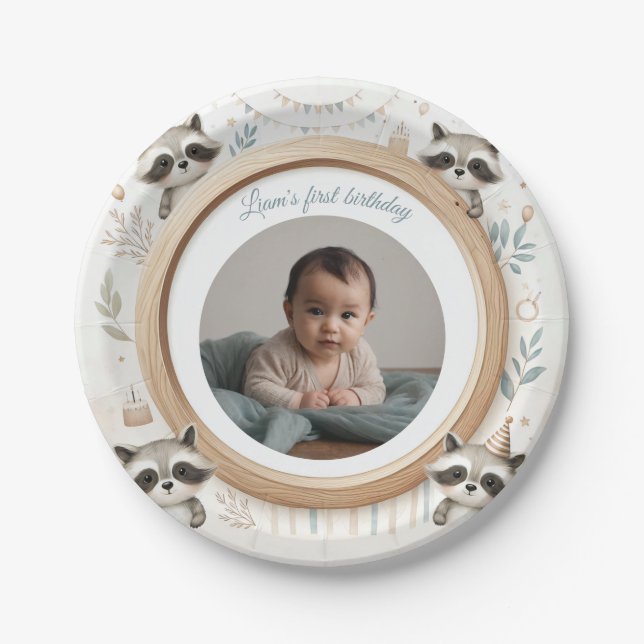 Raccoon Photo Frame for Kids' Birthday Parties Paper Plates (Front)