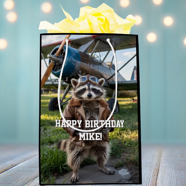 Raccoon Pilot Airplane Funny Photo Birthday Custom Medium Gift Bag (Creator Uploaded)