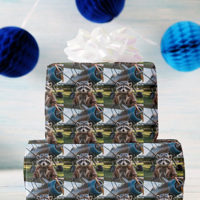 Raccoon Pilot Airplane Funny Photo Birthday Wrapping Paper (Creator Uploaded)