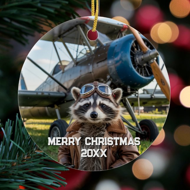 Raccoon Pilot Airplane Funny Photo Christmas Ceramic Ornament (Creator Uploaded)